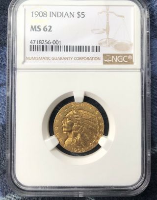 1908 $5 Gold Indian Ngc Ms62