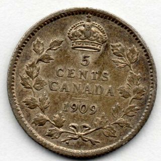 Canada 5 Cent 1909 (nickel) (92.  5 Silver) Coin