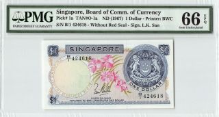 Singapore Nd (1967) P - 1a Pmg Gem Unc 66 Epq 1 Dollar B/1 Prefix
