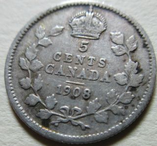 1908 Large 8 Canada Silver Five Cents Coin.  Better Grade Silver Nickel (rj702)