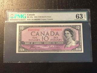 1954 $10 Bank Of Canada Note Bc - 32a Devil Face C/d Prefix - Pmg Ch Unc 63 Epq