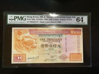 Hong Kong Hsbc 1000 Dollars 2000 206a Pmg Choice Uncirculated 64 Unc Lion Golden