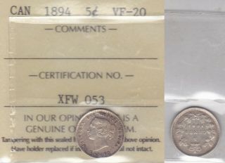 1894 Iccs Vf20 5 Cents Canada Five Half Dime Silver Fishscale