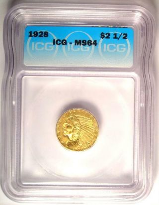 1928 Indian Gold Quarter Eagle $2.  50 Coin - Certified ICG MS64 - $748 Value 2
