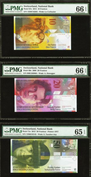 Switzerland 10,  20,  50 Francs 2008 - 13 Pick - 67e 69e 71e Gem Unc Pmg 65 & 66 Epq