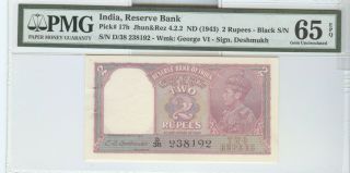 (1943) Reserve Bank Of India 2 Rupees,  Pick 17b,  Pmg Gem Unc - 65 Epq