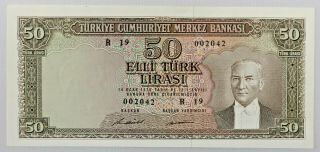 Central Bank Of Turkey Republic 50 Lira Uncirculated Bank Note 1970 Pick 187aa