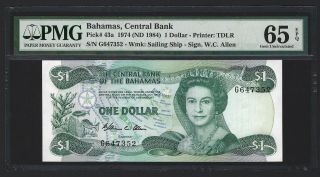 1974 Bahamas $1 Dollar,  1984 Series Allen Sig,  Pmg 65 Epq Gem Unc,  P - 43a,  Qeii