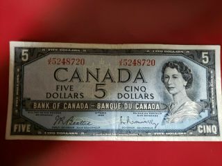 1 - ($5) 1954 Canadian.  Five Dollar.  Banknote.  Series U/x.  Beattie - Rasminsky