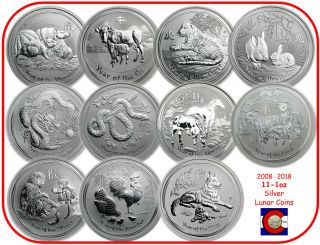 2008 - 2018 Australia Silver 1 Oz Lunar Set 11 Coins,  Mouse - Dog