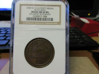 1858 Atlantic Telegraph Cable Laid By G.  H.  Lovett Copper 31mm Ngc Ms 62 Bn