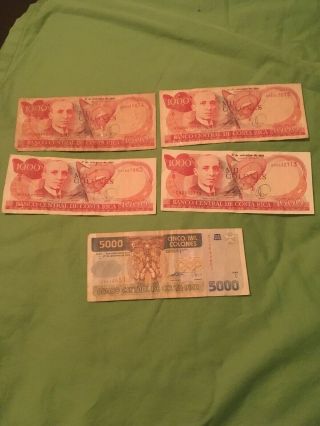 Vintage Costa Rican Currency (4) Mil Colones (1) Cinco Mil Colones