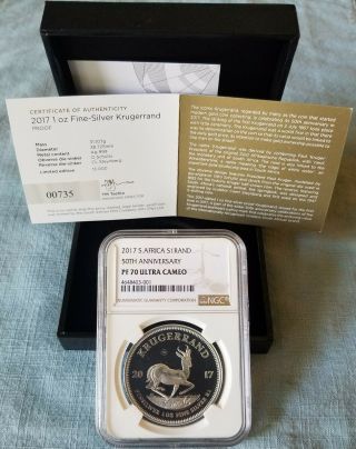 2017 Sa Silver Proof Krugerrand 50th Anniversary Ngc Pf70 Uc Low Low 735
