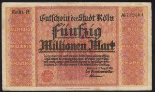 1923 50 Million Mark Koeln Germany Vintage Emergency Paper Money Banknote Vf