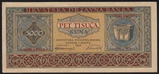 1943 Croatia 5000 Kuna Wwii Ndh Money Banknote German Nazi Occupation P 13 Xf