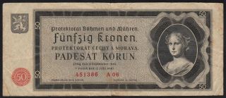 1940 50 Kronen Czechoslovakia Wwii Old Money Banknote German Occupation P 5a Vf
