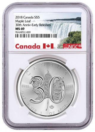 2018 Canada 1 Oz Silver Maple Leaf 30th Anniversary $5 Coin Ngc Ms69 Er Sku52883
