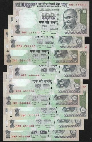 India Republic,  100 Rupees,  9x Notes,  Solid Set 111111 - 888888 - 999999,  Unc Grade.