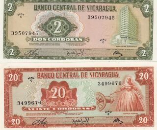Nicaragua 2 And 20 Cordobas 1972 - 2 Unc Gem Notes