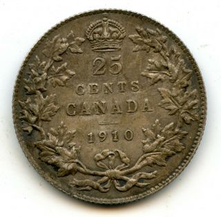 Silver 1910 Canada 25 Cents Quarter | Xf,