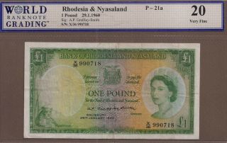 Rhodesia & Nyasaland: 1 Pound Banknote,  (vf Pmg20),  P - 21a,  29.  01.  1960,