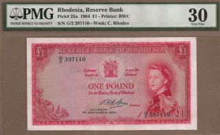 Rhodesia: 1 Pound Banknote,  (vf Pmg30),  P - 25a,  04.  09.  1964,