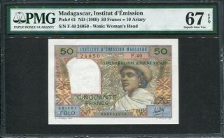 Madagascar 1969,  50 Francs (10 Ariary),  P61,  Pmg 67 Epq Gem Unc