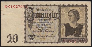 1939 20 Reichsmark Germany Nazi Money Swastika 3 Reich Note Currency P 185 Vf