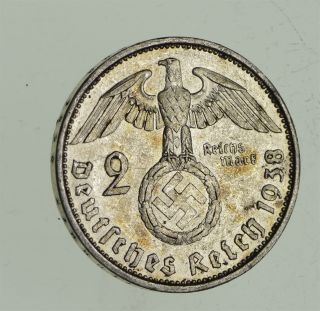 1938 German Ww2 Nazi 2 Mark Swastika Silver Historic Coin - Germany War 904