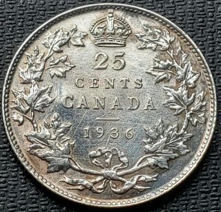1936 Canada Silver 25 Cent Quarter Coin Au,  Grade,  Cleaned