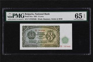 1951 Bulgaria National Bank 3 Leva Pick 81a Pmg 65 Epq Gem Unc