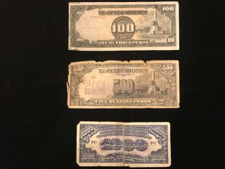 Japan / Japanese Occupied Allied Paper Money War Time Money 100,  500,  1000 Peso