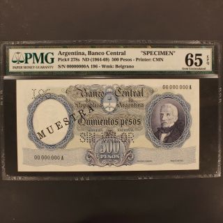 Argentina 500 Pesos Nd (1964 - 69) P 278s Specimen Banknote Pmg 65 Epq - Gem Unc