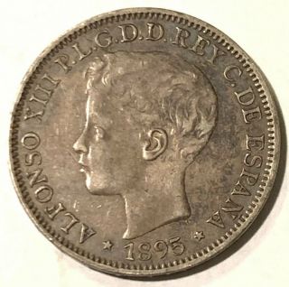 1895 Puerto Rico Silver 1 Peso - 5 Pesetas Alfonso Xiii Xf 24.  73 Grams Sharp