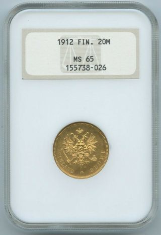 1912 Gold Finland 20 Markkaa Coin Ngc Ms 65