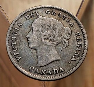 1885 Small 5 Over Large 5 Canada Queen Victoria 5 Cents Silver Coin