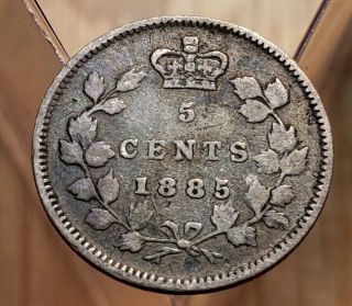 1885 Small 5 Over Large 5 Canada Queen Victoria 5 Cents Silver Coin 2