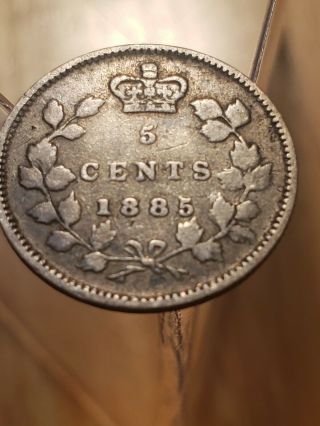 1885 Small 5 Over Large 5 Canada Queen Victoria 5 Cents Silver Coin 5