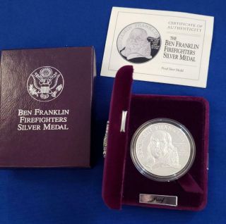 1993 - P Us 1oz.  999 Silver Proof Ben Franklin Firefighters Medal Coa/box L5258