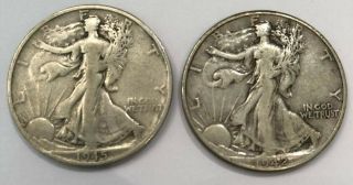 2 Walking Liberty 1942 & 1945 - S - 90 Silver Us Half Dollar