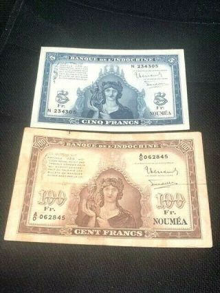 French Indochina,  Caledonia (noumea) 5 & 100 Francs / 1942 - 45