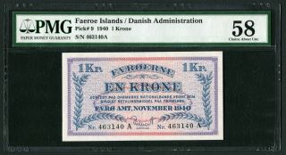 Faeroe 1 Krone 1940 - P9 - Slabbed & Graded - Pmg 58 Choice About Unc