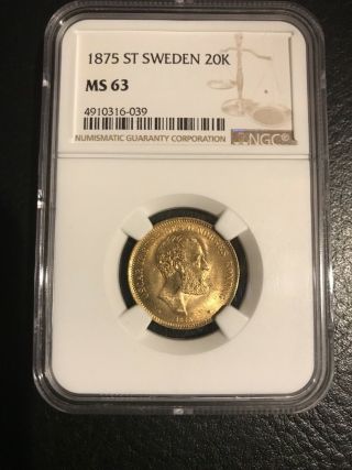 1875 Sweden Norway Gold 20 Kronor Ngc Ms 63 Coin Ms63