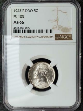 1943 - P Jefferson Nickel Doubled Die Obverse Ngc Certified Ms66 Fs - 103 - Top Pop