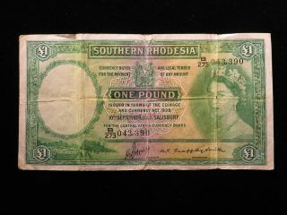 Southern Rhodesia Qeii One Pound Banknote 10th September 1955