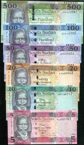 South Sudan Set 6 Unc 5 10 20 50 100 500 Pounds 2015 - 2018 P 6 7 9 10 13 16