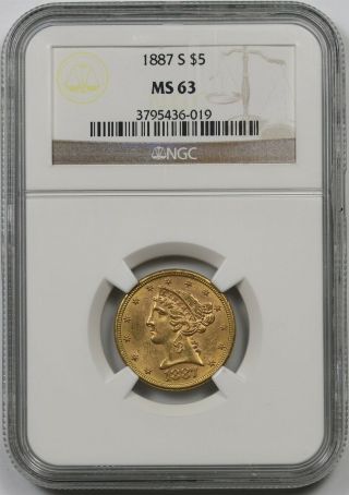 1887 - S $5 Ngc Ms 63 Liberty Head Gold Half Eagle