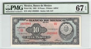 Mexico 1963 P - 58j Pmg Gem Unc 67 Epq 10 Pesos