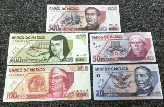 1995 Banco De Mexico Pesos Matching Serial No.  A0004063 All 5 Notes 20 - 500 Pesos