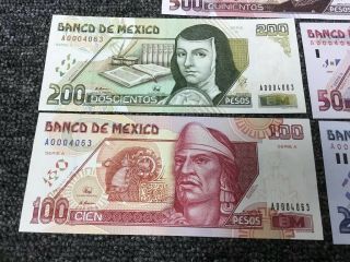 1995 Banco De Mexico Pesos Matching Serial No.  A0004063 All 5 Notes 20 - 500 Pesos 2